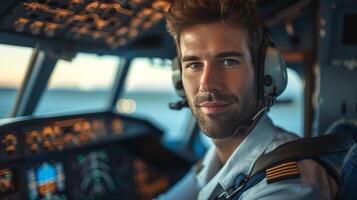 AI generated Young handsome pilot sitting in the cockpit of an airplane photo