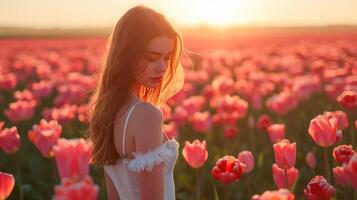 AI generated A beautiful girl walks through a field with blooming tulips photo