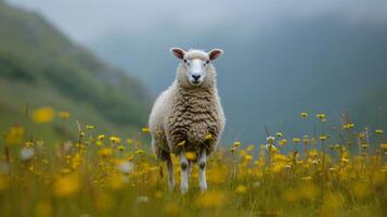 AI generated A beautiful big fat sheep stands and looks at the camera photo