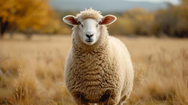 AI generated A beautiful big fat sheep stands and looks at the camera photo