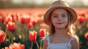 ai generado un hermosa niña camina mediante un campo con floreciente tulipanes foto