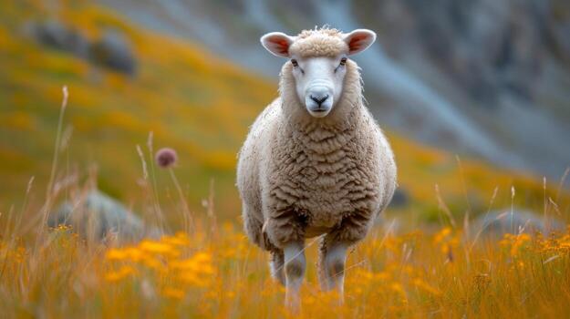 AI generated A beautiful big fat sheep stands and looks at the camera photo