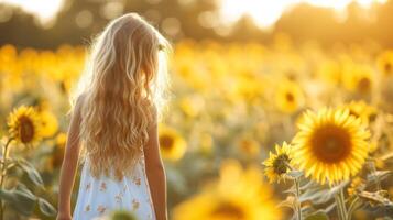 AI generated A beautiful young girl walks through a field with blooming sunflowers photo