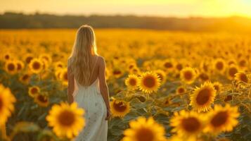 ai generado un hermosa joven niña camina mediante un campo con floreciente girasoles foto