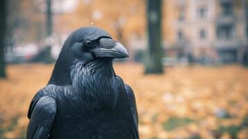 AI generated A big black raven sits and looks at the camera photo