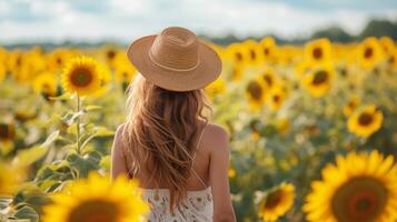 ai generado un hermosa joven niña camina mediante un campo con floreciente girasoles foto