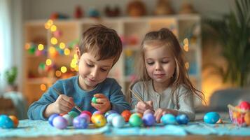 AI generated A boy and an eight-year-old girl paint eggs for Easter photo