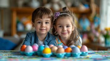 AI generated A boy and an eight-year-old girl paint eggs for Easter photo
