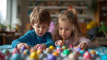 AI generated A boy and an eight-year-old girl paint eggs for Easter photo