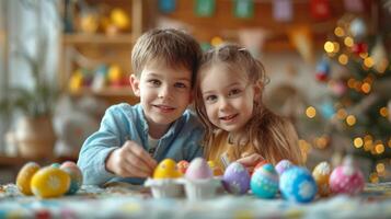 ai generado un chico y un ocho años niña pintar huevos para Pascua de Resurrección foto