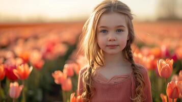 AI generated A beautiful young girl walks through a field with blooming tulips photo