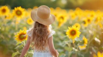 AI generated A beautiful young girl walks through a field with blooming sunflowers photo