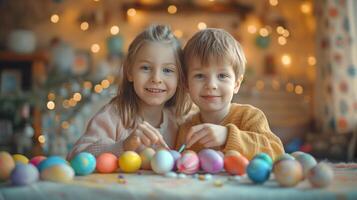 AI generated A boy and an eight-year-old girl paint eggs for Easter photo