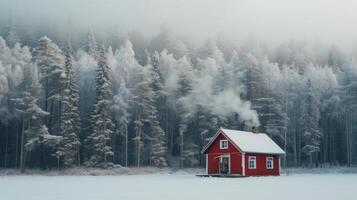 AI generated A bright burgundy wooden house stands alone in the middle of a large winter forest photo