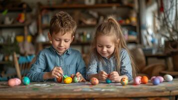 AI generated A boy and an eight-year-old girl paint eggs for Easter photo