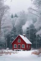 AI generated A bright burgundy wooden house stands alone in the middle of a large winter forest photo