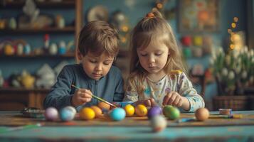 AI generated A boy and an eight-year-old girl paint eggs for Easter photo