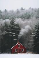 AI generated A bright burgundy wooden house stands alone in the middle of a large winter forest photo