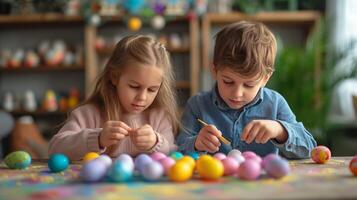 AI generated A boy and an eight-year-old girl paint eggs for Easter photo