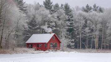 AI generated A bright burgundy wooden house stands alone in the middle of a large winter forest photo