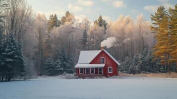 AI generated A bright burgundy wooden house stands alone in the middle of a large winter forest photo