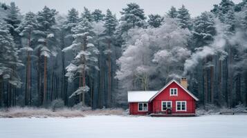 AI generated A bright burgundy wooden house stands alone in the middle of a large winter forest photo