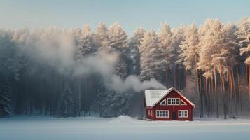 ai generado un brillante borgoña de madera casa soportes solo en el medio de un grande invierno bosque foto