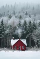 AI generated A bright burgundy wooden house stands alone in the middle of a large winter forest photo