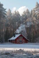 ai generado un brillante borgoña de madera casa soportes solo en el medio de un grande invierno bosque foto