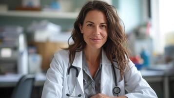 AI generated A female doctor in a white coat sits at her desk and looks at the camera photo