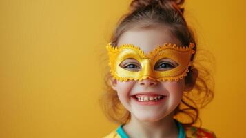 ai generado un cinco años de edad niña vistiendo un carnaval máscara se ríe y mira a el cámara en un minimalista brillante antecedentes foto