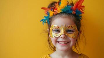 ai generado un cinco años de edad niña vistiendo un carnaval máscara se ríe y mira a el cámara en un minimalista brillante antecedentes foto