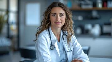 AI generated A female doctor in a white coat sits at her desk and looks at the camera photo