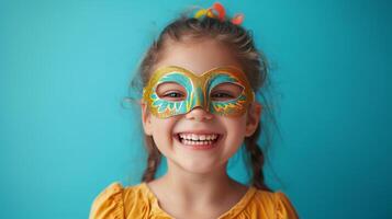 ai generado un cinco años de edad niña vistiendo un carnaval máscara se ríe y mira a el cámara en un minimalista brillante antecedentes foto