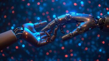 AI generated A human hand touches a robot's hand on a dark blue technological neon background photo