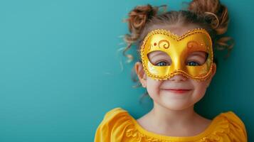 AI generated A five-year-old girl wearing a carnival mask laughs and looks at the camera on a minimalistic bright background photo