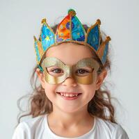 AI generated A five-year-old girl wearing a carnival mask laughs and looks at the camera on a white isolated photo