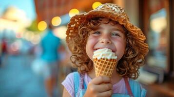 AI generated A Joyful Youngster Savors a Waffle Cone on a Summer Stroll photo