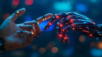 AI generated A human hand touches a robot's hand on a dark blue technological neon background photo