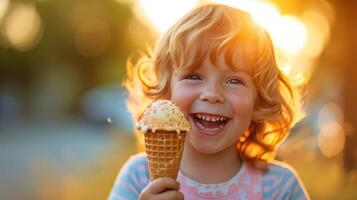 AI generated A Joyful Youngster Savors a Waffle Cone on a Summer Stroll photo