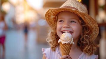 AI generated A Joyful Youngster Savors a Waffle Cone on a Summer Stroll photo