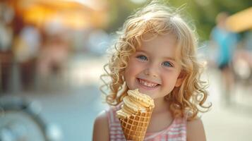 AI generated A Joyful Youngster Savors a Waffle Cone on a Summer Stroll photo