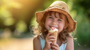 AI generated A Joyful Youngster Savors a Waffle Cone on a Summer Stroll photo