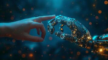 AI generated A human hand touches a robot's hand on a dark blue technological neon background photo