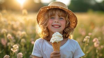 ai generado un alegre joven sabores un gofre cono en un verano paseo foto