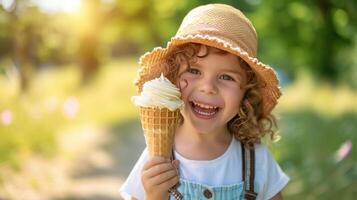 AI generated A Joyful Youngster Savors a Waffle Cone on a Summer Stroll photo