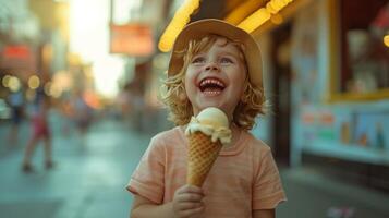 ai generado un alegre joven sabores un gofre cono en un verano paseo foto