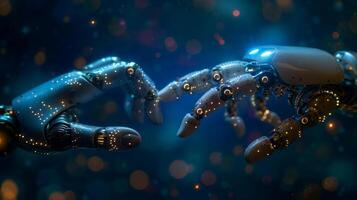 AI generated A human hand touches a robot's hand on a dark blue technological neon background photo