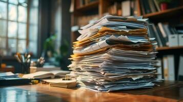 AI generated A Pile of Papers Sitting on the Office Desk photo