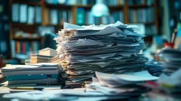 AI generated A Pile of Papers Sitting on the Office Desk photo